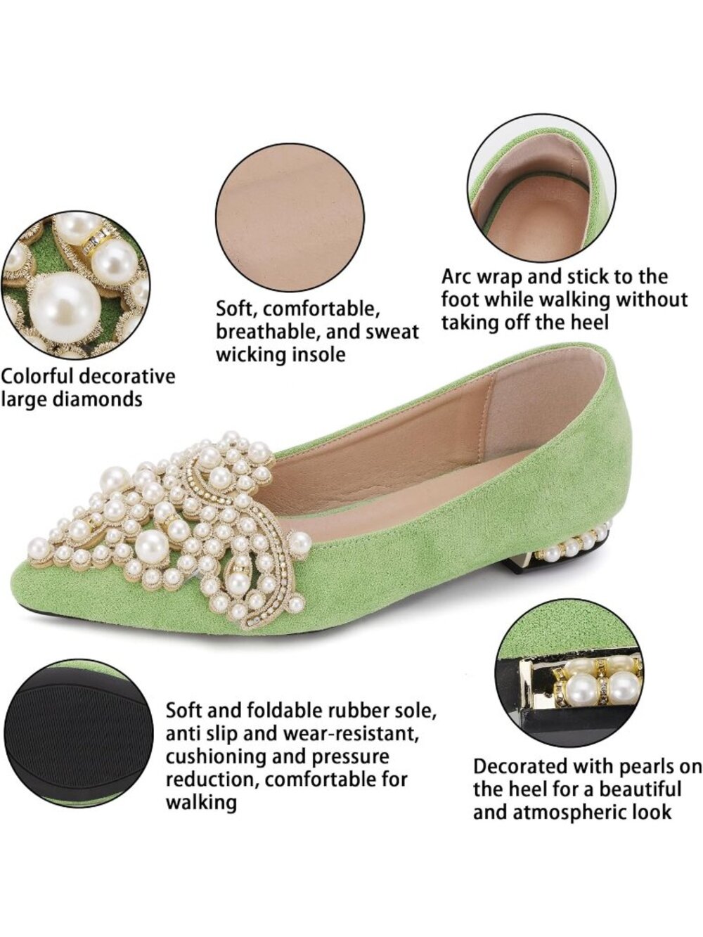 〽️Women's Green Slip On Low Heel Bling Rhinestone Pointed Comfort Flats Shoes - Picture 4 of 6